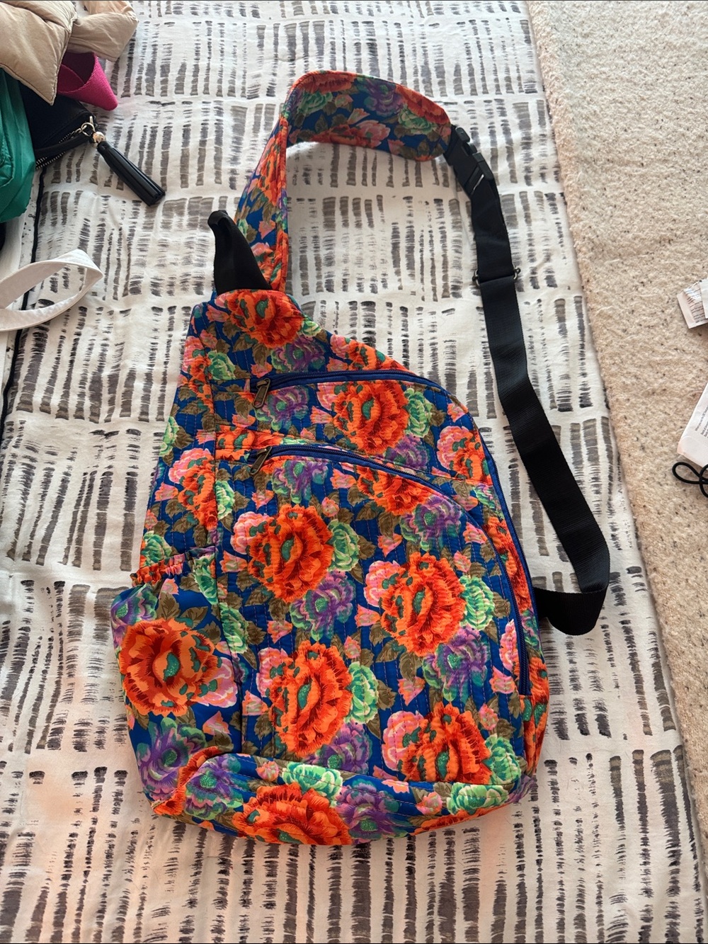 Floral Quilted Sling Backpack - Orange Floral on Blue